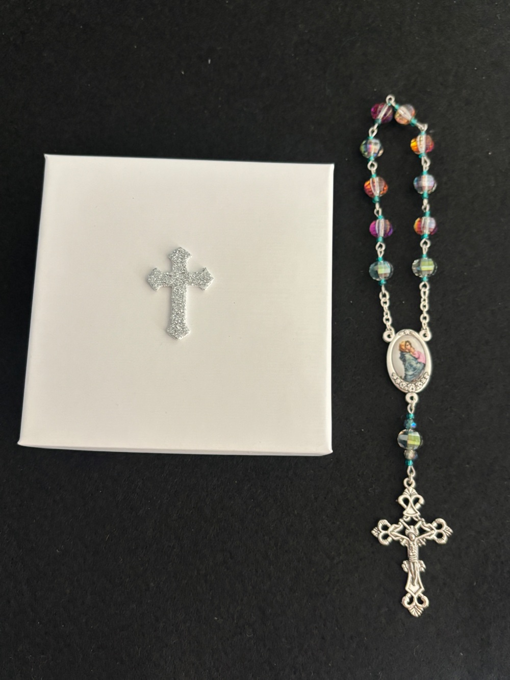 Handmade Iridescent Blue Madonna of Streets Mary Decade Pocket Catholic Rosary